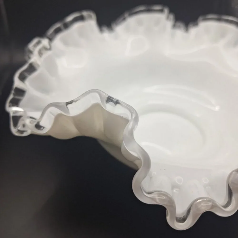 Fenton Silver Crest Ruffle‎ Bowl White Milk Glass Clear Edge 10 Inch Unmarked